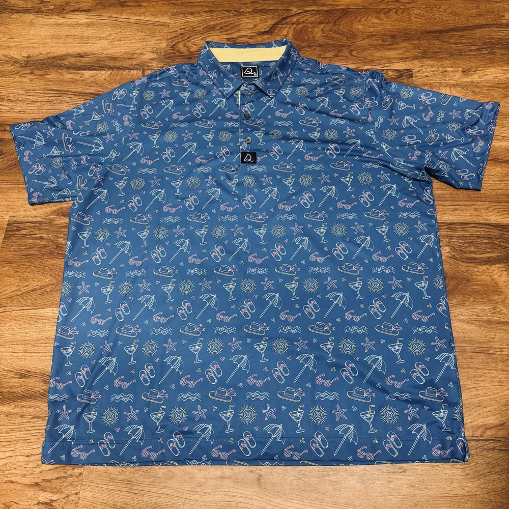 Deolax Performance Polo Shirt Mens XXL Blue Beach Cocktail Graphic print Golf